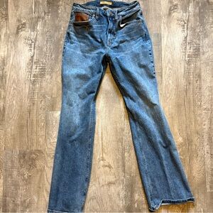 Shyanne Women's Boot Cut Jeans - Blue with Brown Pocket Accent